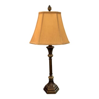 Bronze Finish Metal and Stone Lamp With Custom Silk Shade For Sale