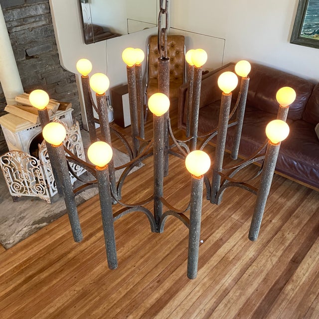 Incredible 1970s vintage brutalist wrought iron candlestick chandelier — Gaetano Sciolari meets Jens Quistgaard. 27 x 27 x...