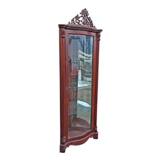 Vintage Victorian Mahogany Wooden Corner Curved Glass Curio China Cabinet For Sale