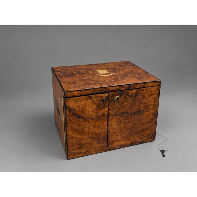 Late 19th Century English Victorian Burr Walnut Table Cabinet With Brass Inlay and Bramah Lock For Sale - Image 5 of 10