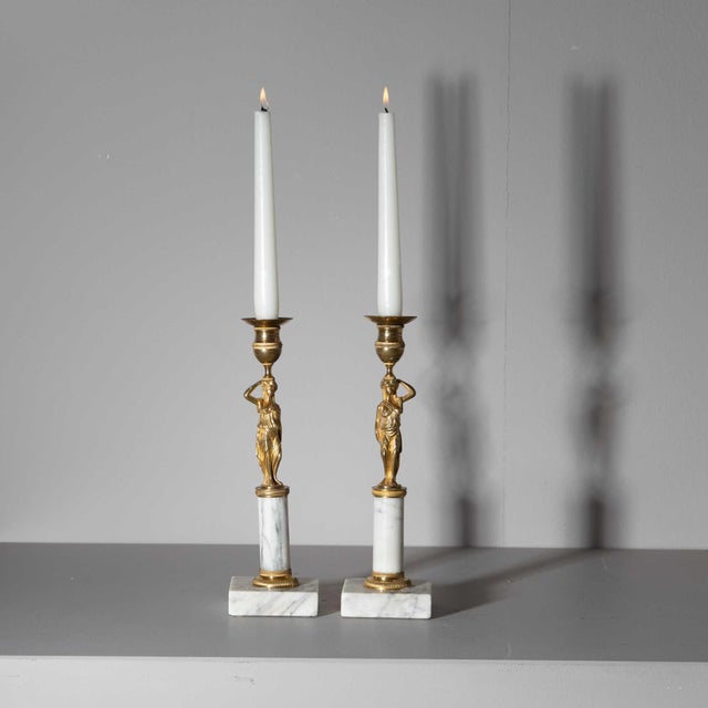 Pair of Candleholders with Karyatids, Bronze & Marble, Berlin Early 19th Century For Sale - Image 10 of 12