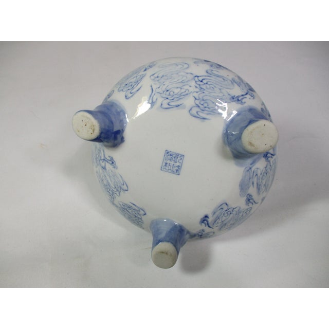 1960s Vintage Asian Porcelain Blue and White Dragon Incense Burner For Sale - Image 5 of 6