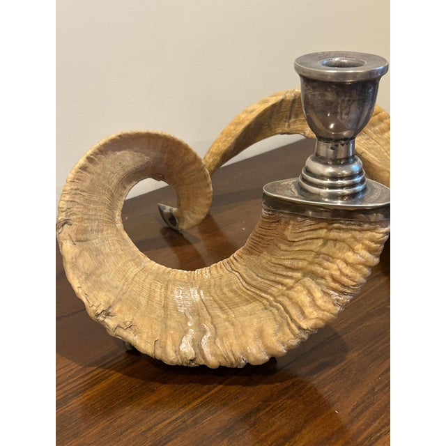 Contemporary Vintage Pair of Large Natural Ram Horn Candleholders With Silver-Tone Cups — Rustic Lodge Sculptural Décor For Sale - Image 3 of 6