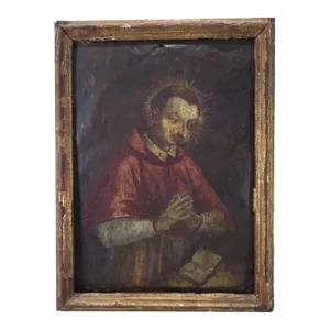 Antique Spanish Colonial Oil Painting of a Saint on Copper Plate - 18th 19th Century