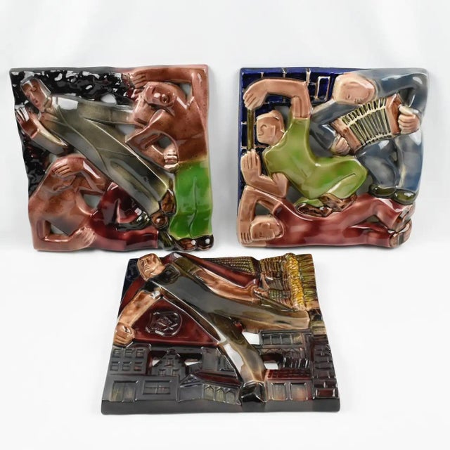 Mid-Century Modern Rene Boschmans for Coceram Cubist Ceramic Tile With Masonic Sign - Set of 3 Pieces For Sale - Image 3 of 12