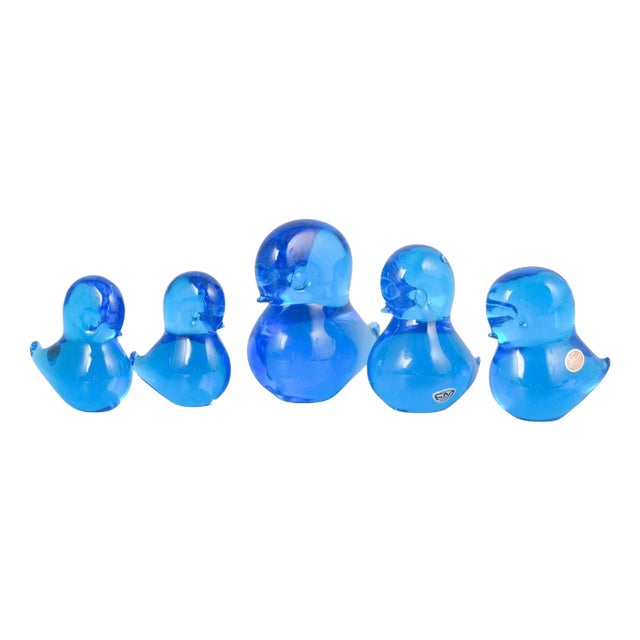 Duck Figurines in Blue Art Glass by Josef Marcolin for FM Ronneby, 1970s, Set of 5 For Sale