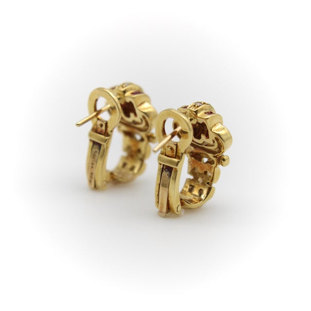 Vintage 18k Gold Diamond and Ruby Buckle Huggie Earrings, A Pair For Sale In Los Angeles - Image 6 of 10
