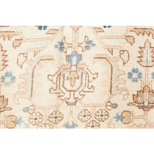 1930s Floral Persian Kirman Camel, Light Brown, Indigo Blue Handmade Wool Rug For Sale - Image 10 of 11