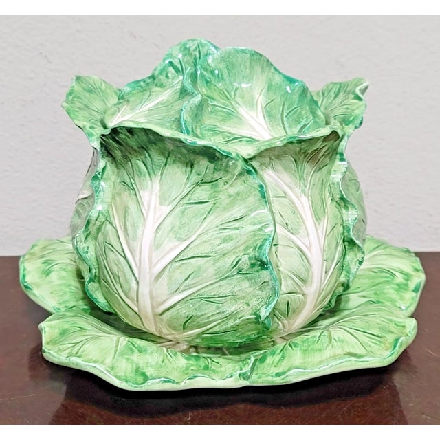1990s Vintage Mid-Century Modern Fitz and Floyd Majolica Cabbage Soup Bowl and Saucer For Sale - Image 5 of 5