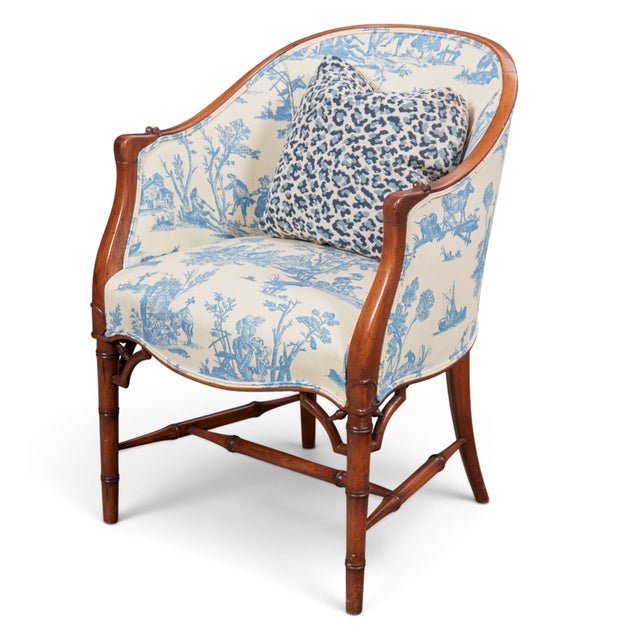 Mid 20th Century Blue & Cream Toile Faux Bamboo Walnut Bergère Chair, Georgian Style, Mid-20th Century For Sale - Image 5 of 8