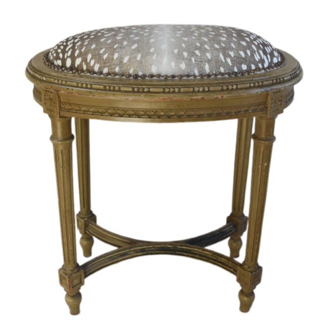 Antique French Carved Vanity Stool Newly Upholstered in a Designer Antelope Fabric Accented With Brass Nail Head Tacking For Sale - Image 13 of 13