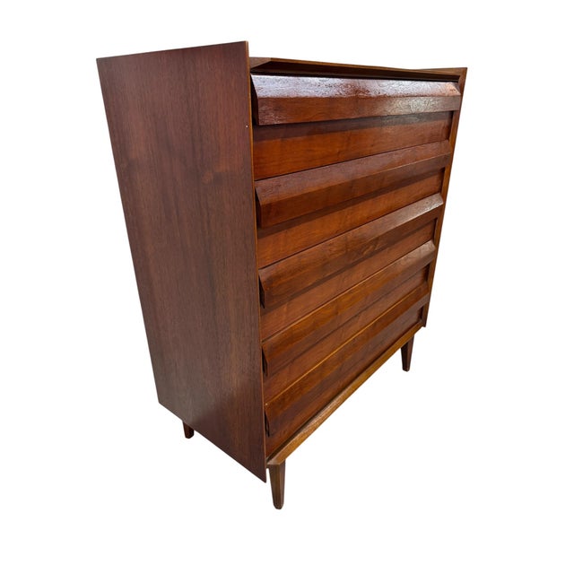 Elevate your bedroom with this stunning Mid-Century Modern Lane 1st Edition walnut high chest, a timeless piece showcasing...