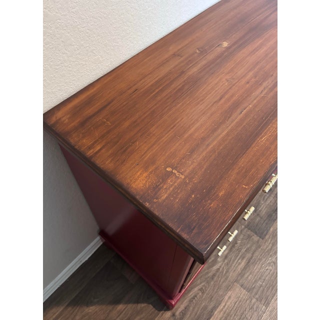 One-of-a-Kind Restored Vintage Floral Dresser in Deep Red & Stained Wood For Sale - Image 4 of 7