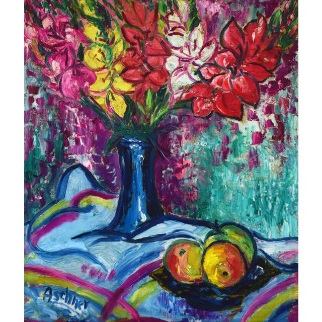 Vintage Mid Century Post Impressionist Floral Still Life Oil Painting of Gladiola Flowers, Aschner 1961 For Sale - Image 4 of 9