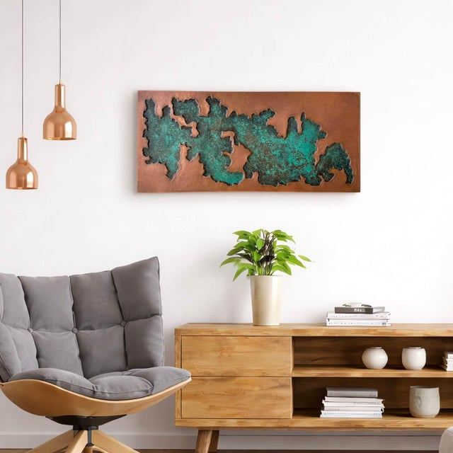 Contemporary Abstract Geologic Metal Wall Sculpture With Green Patina For Sale - Image 3 of 12