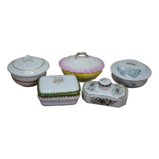 Antique Porcelain Ceramic Lidded Butter Dishes Casseroles Tureens 6" - Set of 5 For Sale