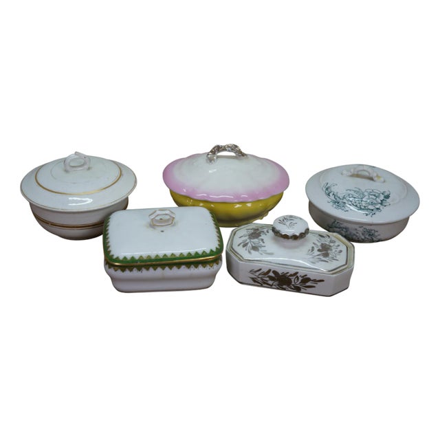 Antique Porcelain Ceramic Lidded Butter Dishes Casseroles Tureens 6" - Set of 5 For Sale