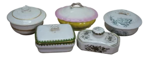 Antique Porcelain Ceramic Lidded Butter Dishes Casseroles Tureens 6" - Set of 5