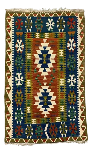 Large Vintage Turkish Blue, Red, Beige, and Green Tribal Kilim Rug, 1950s