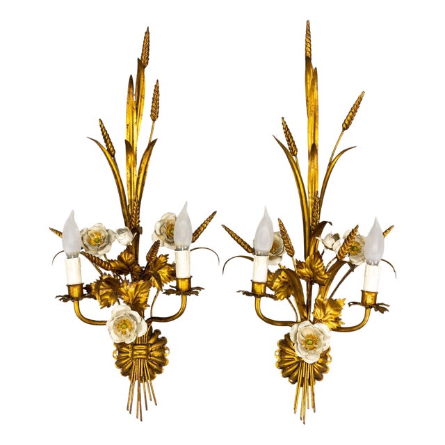 Large Hollywood Regency Gilt Metal Wheat and White Flower Sconces, 1970s, Set of 2 For Sale