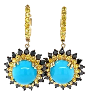 17.57 Carat Round Cut Turquoise Sapphire Black Diamond Yellow Gold Drop Earrings - 2 Pieces
