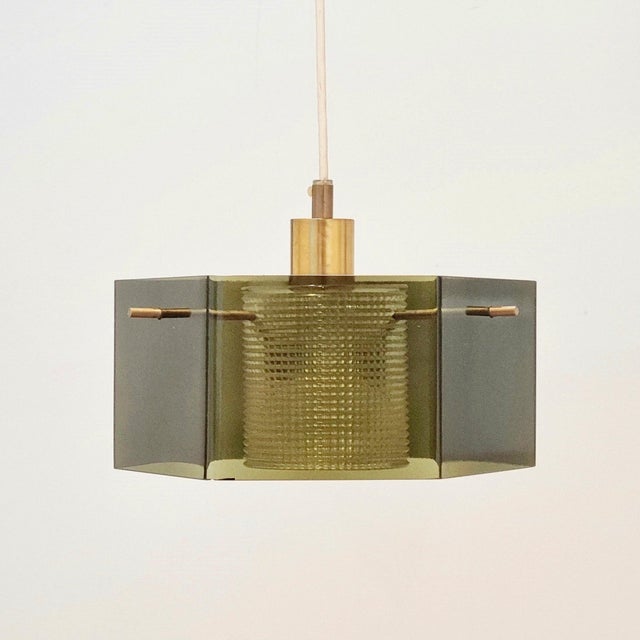 Mid-Century Modern Mid-Century Modern Scandinavian Glass and Brass Pendant Light by Carl Fagerlund for Orrefors, Sweden, 1960s For Sale - Image 3 of 10
