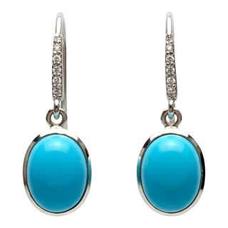 14k White Gold Oval Natural Turquoise & Diamond Shepherd Hoop Earrings, A Pair For Sale