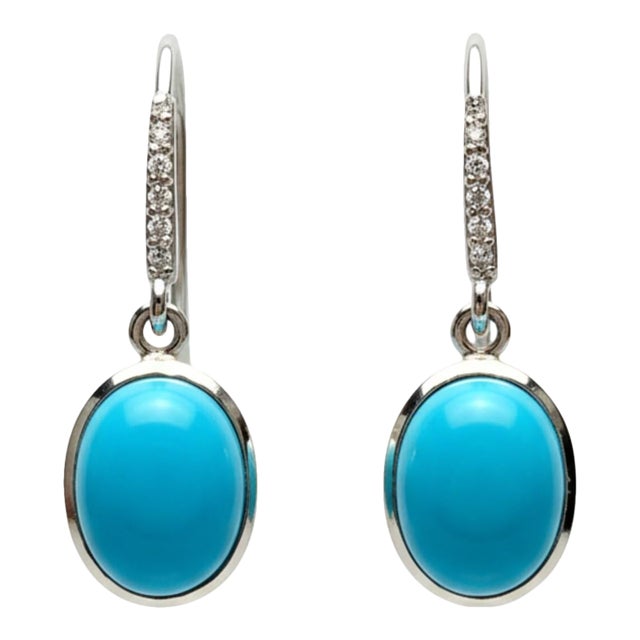 14k White Gold Oval Natural Turquoise & Diamond Shepherd Hoop Earrings, A Pair For Sale