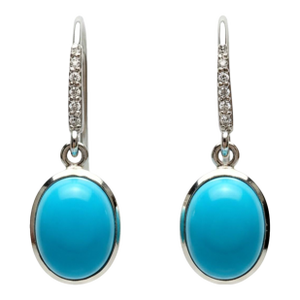 14k White Gold Oval Natural Turquoise & Diamond Shepherd Hoop Earrings, A Pair