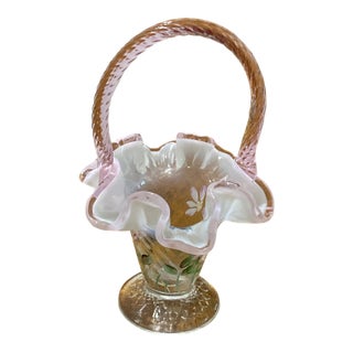 1980s Hand Painted Fenton Art Glass Basket, Pink Opalescent Ruffled Edge, Signed S. Massey For Sale