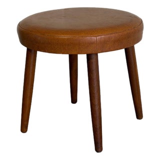 Round Brown Leather Teak Ottoman Danish Mid-Century Modern 1960s For Sale