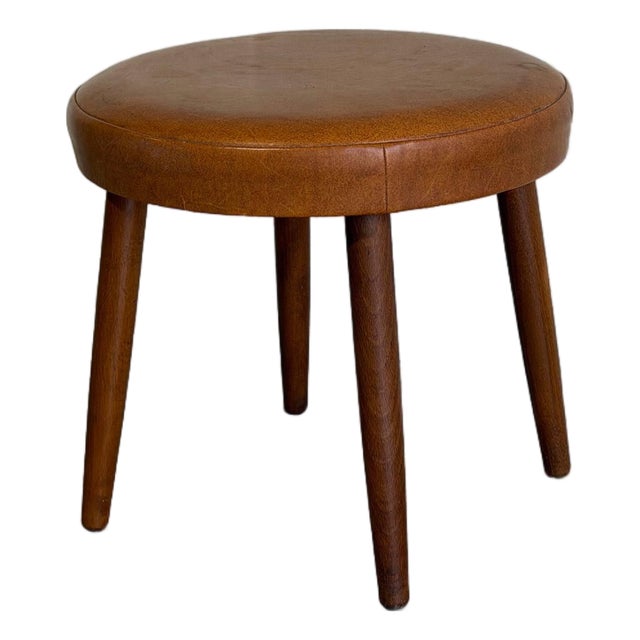 Round Brown Leather Teak Ottoman Danish Mid-Century Modern 1960s For Sale