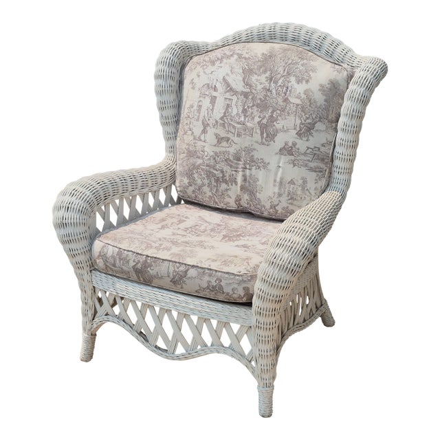 Late 20th Century Vintage White Wicker Large Wingback Lounge Chair W/ Toile Cushions For Sale