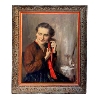 Oil on Canvas Portrait of Young Woman by R. Molnár For Sale