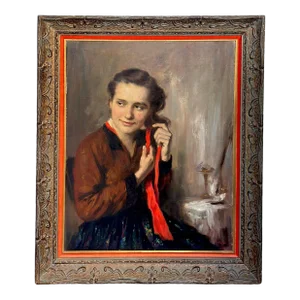 Oil on Canvas Portrait of Young Woman by R. Molnár