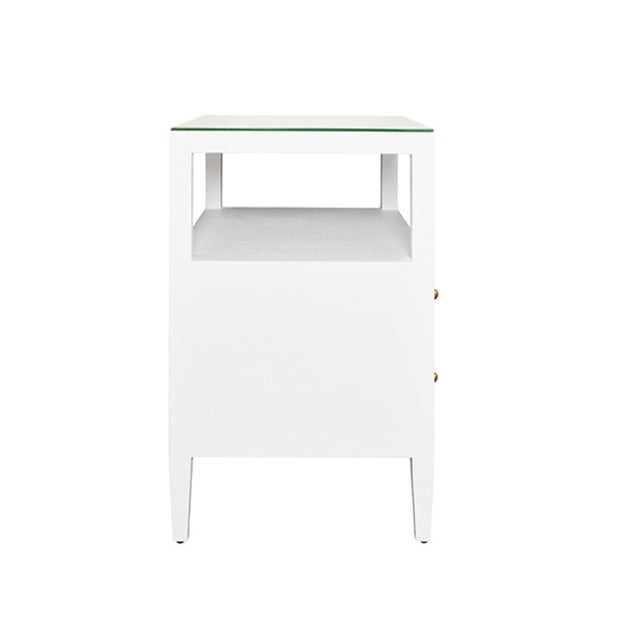 Matthew Izzo Home Douglas White Textured Linen Two Drawer Side Table With Open Top Shelf, Polished Brass Knobs and Glass Top For Sale In New York - Image 6 of 7
