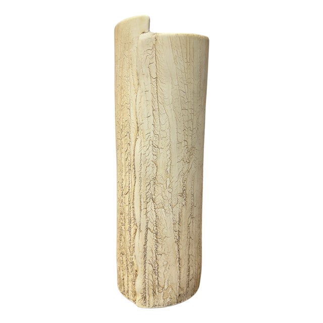 Textured Cylinder Cream & Ochre Prem Vase with Bark Design For Sale