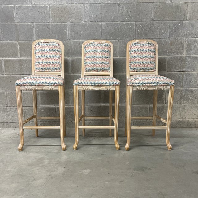 Faux Reeded Bamboo Bar Stools - Set of 3 For Sale - Image 12 of 12