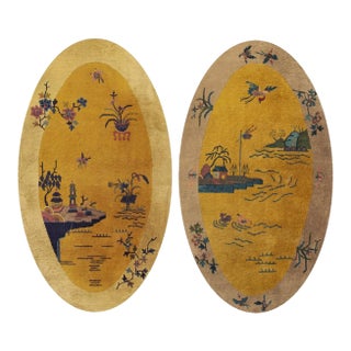 1920s Pair of Antique Chinese Art Deco Yellow Scenic Pictorial Oval Small Rugs For Sale