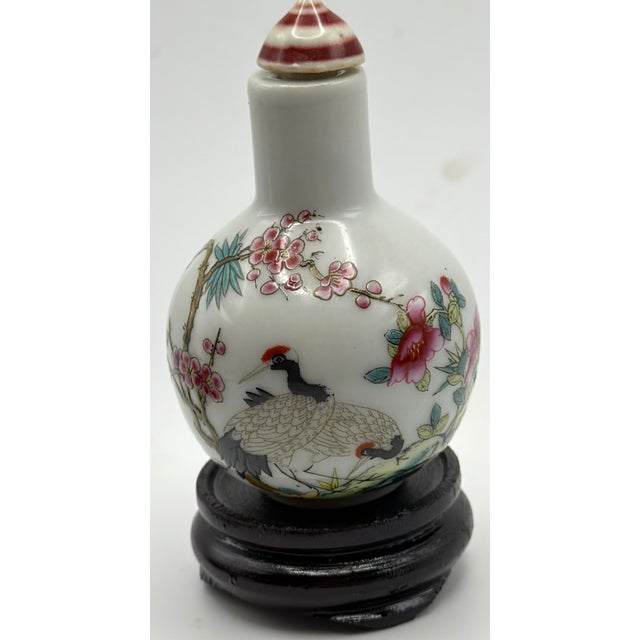 Painted Porcelain Snuff Bottle With Red Crested Cranes and Plum Blossoms For Sale - Image 10 of 14