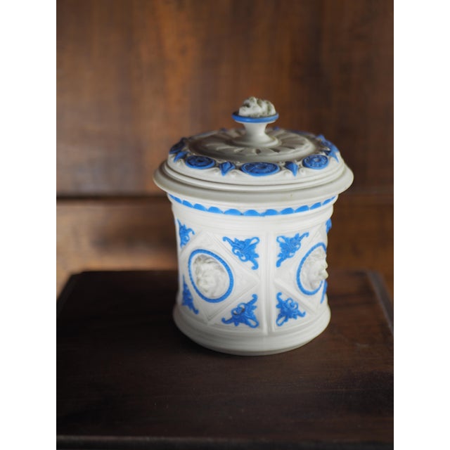Mid 19th Century Continental Parian Ware Lidded Jar, lions faces, floral and geometric patterns. This jar perfectly blend...