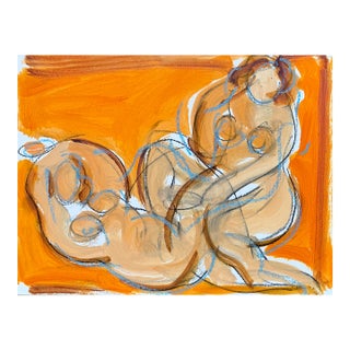 Orange Gesture Together Ii, Oil, Oil Pastel and Charcoal on Paper, 12 X 9 Inches For Sale