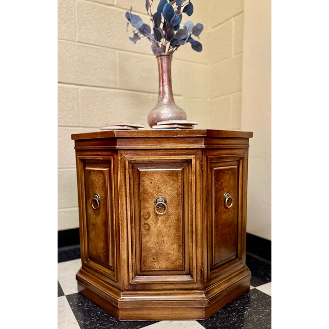 Weiman Heirloom by Weiman Burl Wood Octagonal Accent Cabinet With Brass Ring Pulls – Vintage North Carolina Craftsmanship For Sale - Image 4 of 12