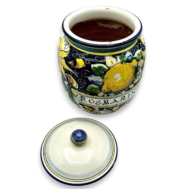 Navy Blue 1970s Italian Ceramic Rosmarino Spice Herb Canister Jar Lidded Hand Painted Lemons Euc For Sale - Image 8 of 11