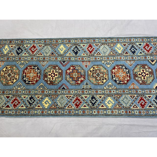 2000 - 2009 Blue and Burgundy Bokhara Wool Runner Rug With Tribal Gul Motifs, 2'11" X 9'7" For Sale - Image 5 of 17