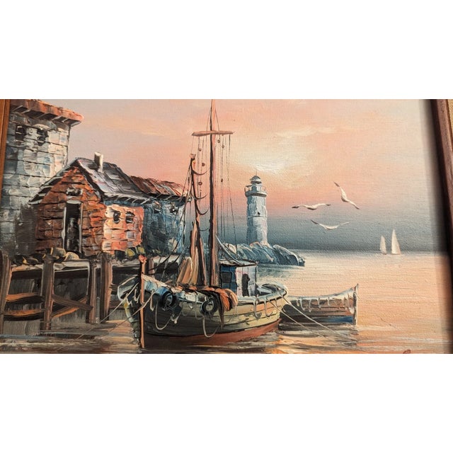 Vintage Original Oil Painting Harbor Scene With Lighthouse. Signed by Max Savy For Sale In New York - Image 6 of 14