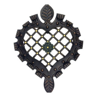 Hand-Forged Wrought Iron Heart Wall Decor (Ruffled Edge with Leaf Finials) Antique Copper Finish For Sale