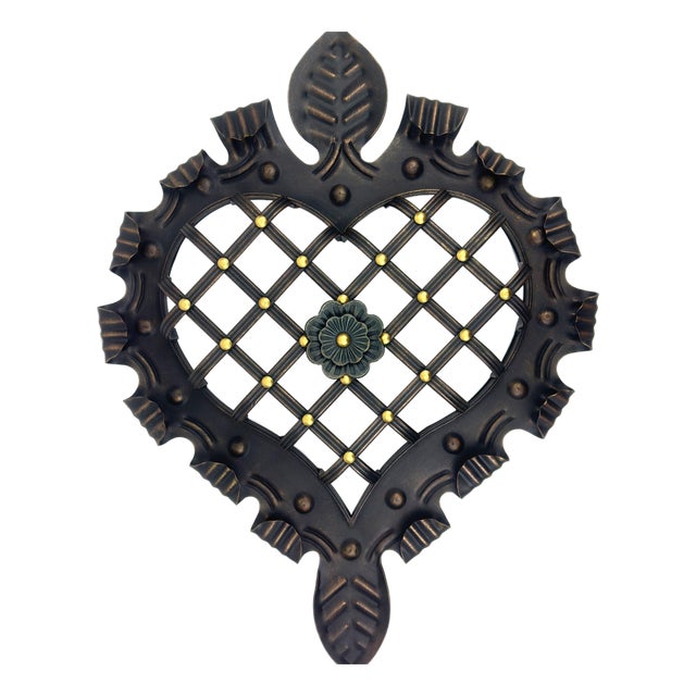 Hand-Forged Wrought Iron Heart Wall Decor (Ruffled Edge with Leaf Finials) Antique Copper Finish For Sale
