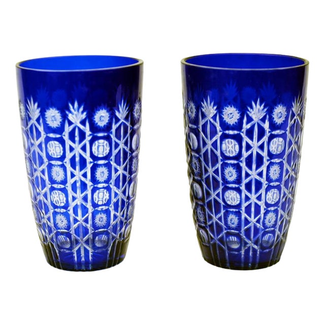 Glass Vases Cobalt Blue Cut Urns Geometric Decoration, Set of 2 For Sale