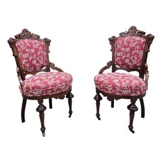 Antique Victorian Carved Walnut Parlor Chairs - Pair For Sale